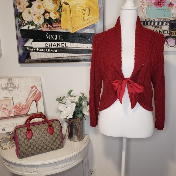INC International Concepts Sweaters - ** PRICE FIRM ** INC International Red Short Bolero Sweater Satin Ribbon Tie